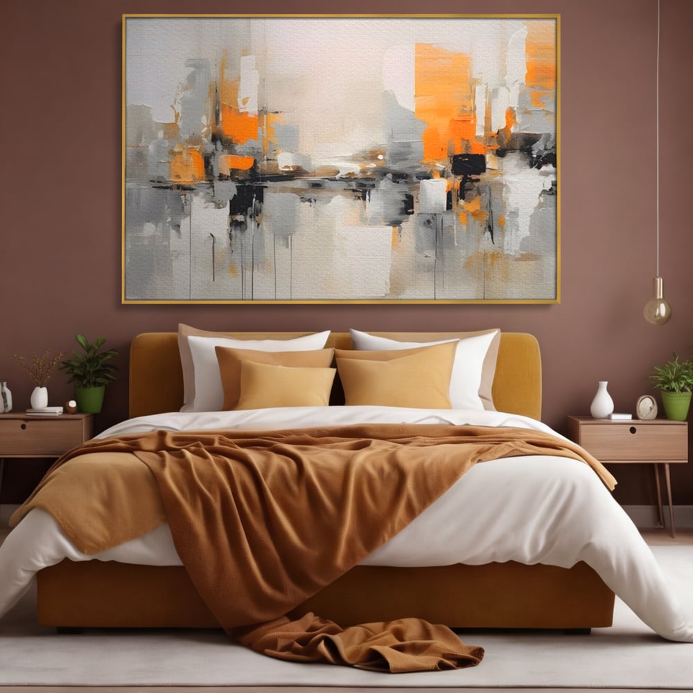 Tablou canvas cu pictura abstracta cu reflexii urbane, in rama de aluminiu auriu, pe perete intr-un dormitor